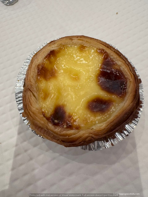 Een bovenaanzicht van een geleiachtig gebakje met een bladerdeegkorst, dat een goudbruine kleur heeft met enkele donkere vlekken.