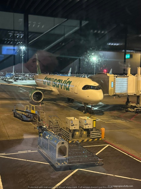 Een vliegtuig van Air Canada dat op de luchthaven staat, met bagagevoertuigen en het vliegplatform zichtbaar.