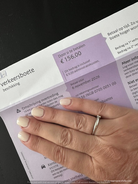 Een verkeersboete met een bedrag van €156,00, inclusief administratiekosten, met een hand die erop rust.