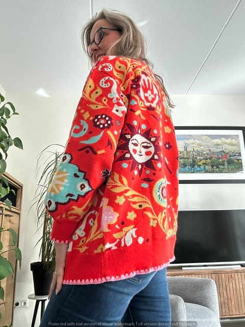 Vrouw in een kleurrijke, gebreide trui met een opvallend patroon van zonnen en bloemen, staand in een moderne woonkamer.