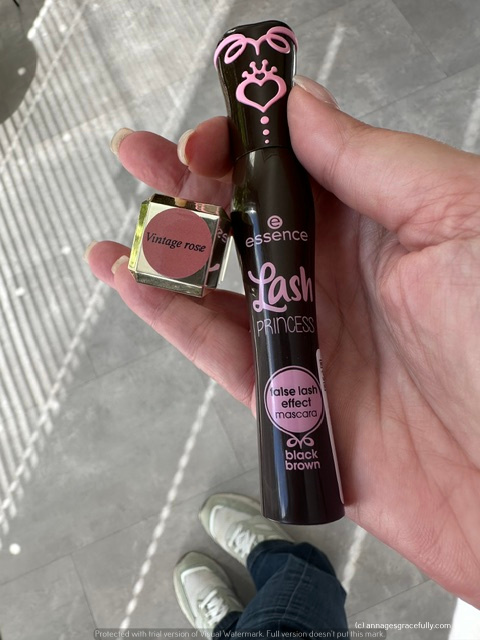 Een hand houdt een tube mascara van essence met de naam 'Lash Princess' en een oogschaduwdoosje met de tekst 'Vintage rose'.