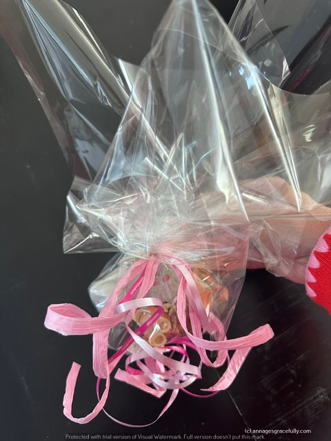 Een hand houdt een doorzichte plastic zak met een vrolijke roze strik, gevuld met kleine geschenken of traktaties.