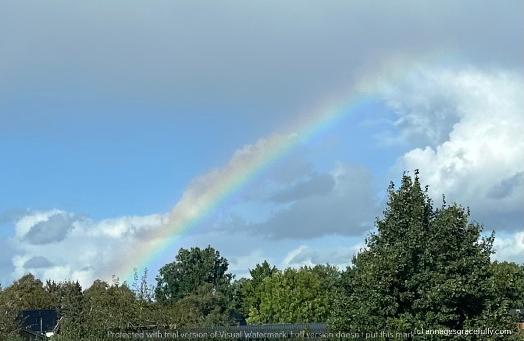 Een kleurrijke regenboog die zich uitstrekt over een blauwe lucht met enkele wolken.