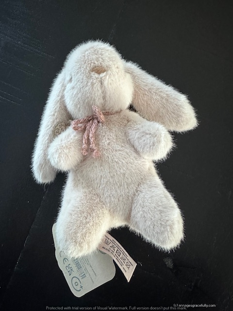 Een schattige, pluche konijnknuffel met lange oren en een roze strik om de nek, liggend op een donkere ondergrond.